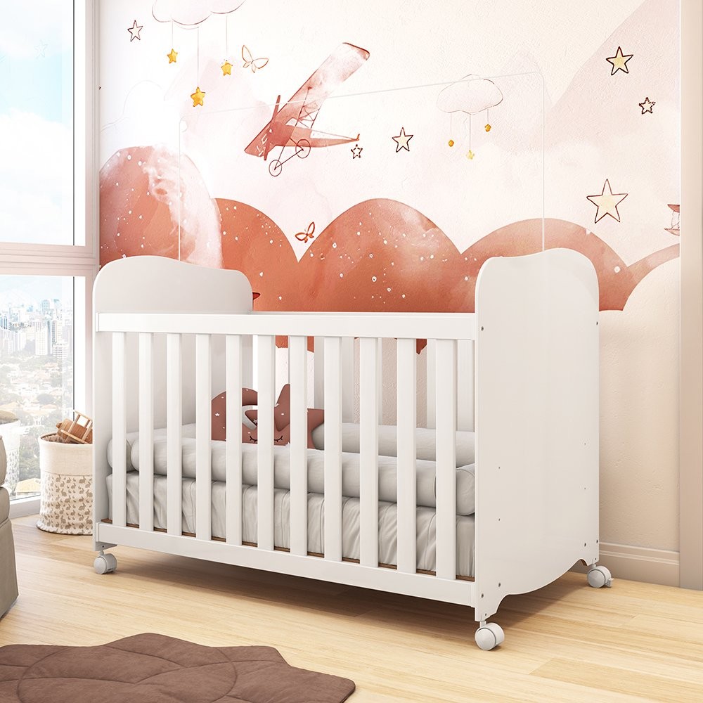 Berço Americano 100% MDF com rodízios Mimo Branco Brilho - Mom & Baby