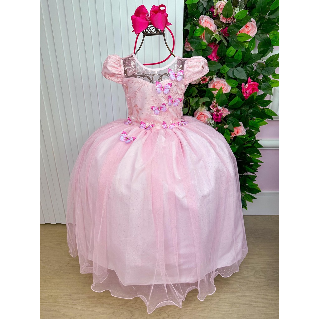 Vestido Vila Lele Longo Jardim Encantado Borboletas Rosa Bebe
