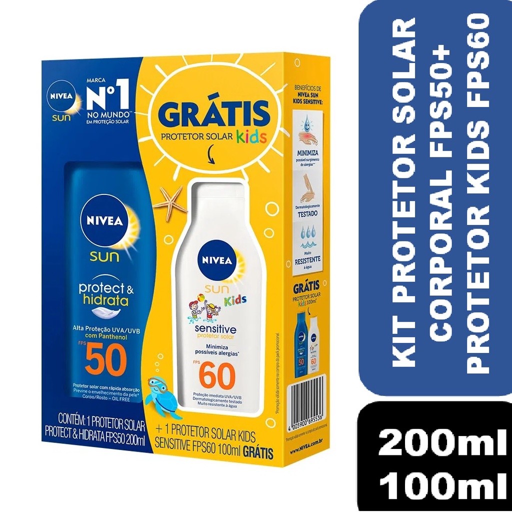 Kit Protetor Solar Corporal Nivea Protect & Hidrata FPS50 200ml + Sensitive Kids FPS60 100ml em Oferta na Shopee