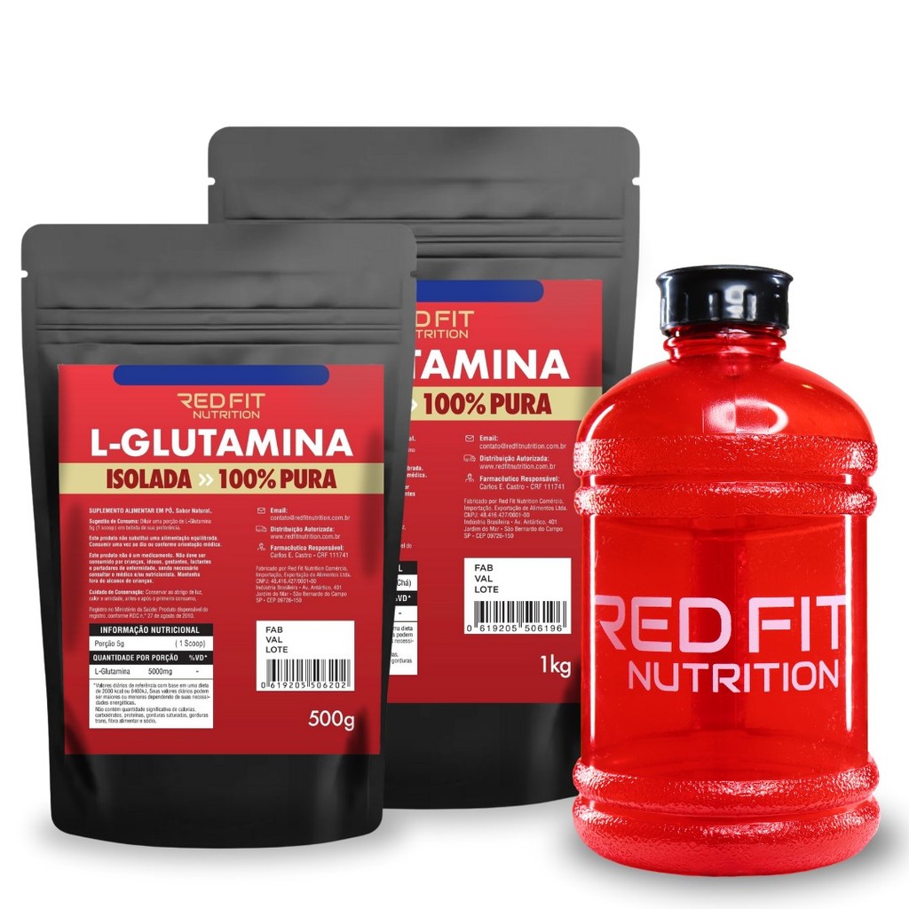 L-Glutamina 1Kg L-Glutamina 500g Galon Red 1,8L - 100% Pura Matéria-Prima Importada - Red Fit Nutrition