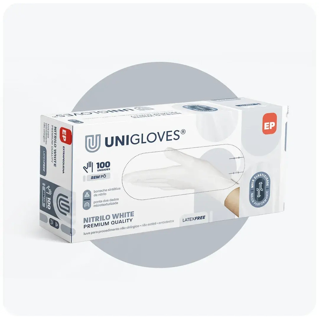 Luva Nitrílica Branca Unigloves Sem pó Premium Quality