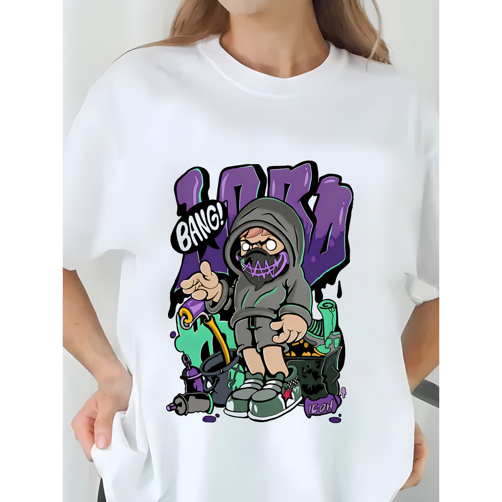 Camiseta Feminina Personagem com Skate e Texto BANG! Blusa Unissex Streetwear 2025 Novo