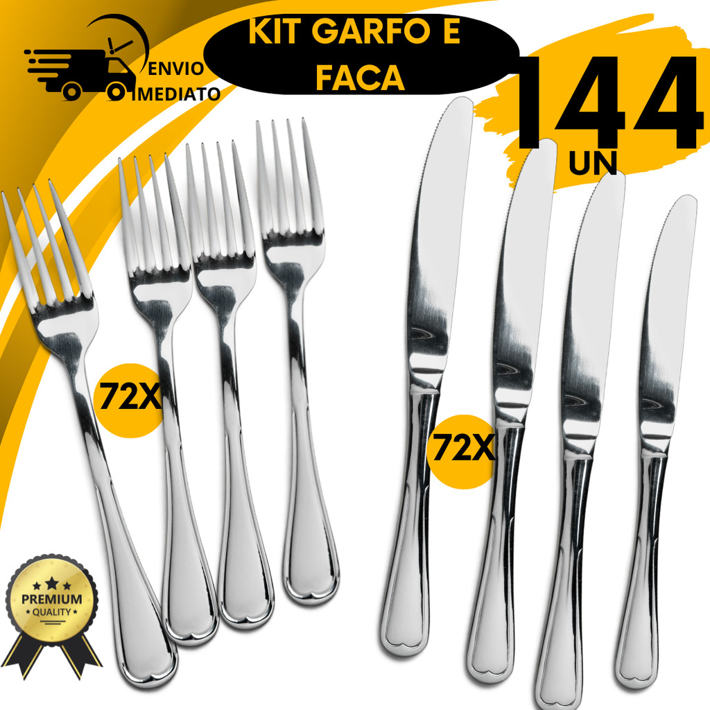 Kit Jogo Talher 144 Garfo Faca Inox Talheres Faqueiro Churrascaria Restaurante Pizzaria Bar Buffet