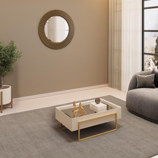 Mesa de Centro com Tampo Espelhado e Pés Dourados DJ Móveis Kika Off White em Oferta na Shopee