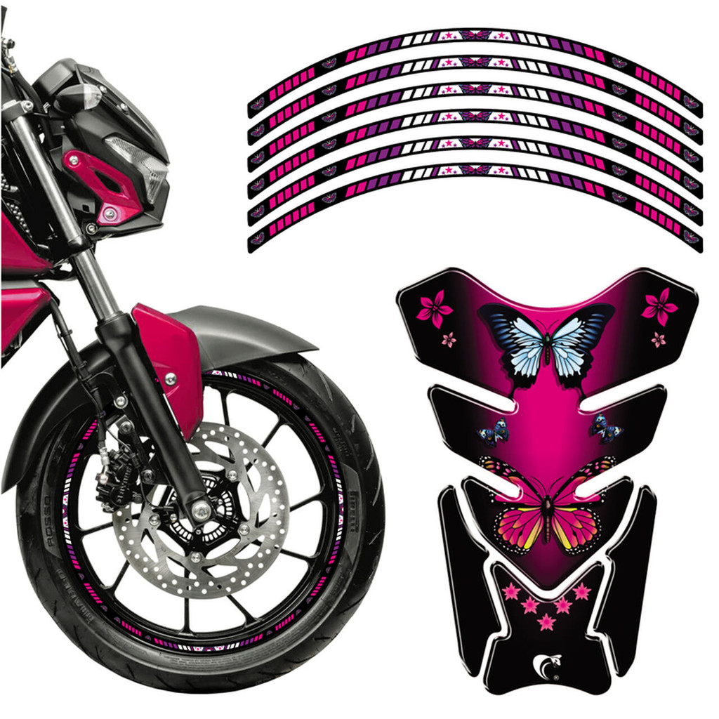 Combo Protetor Adesivo Tanque E Aro Moto Honda Yamaha Cb Cg Fazer Faminino Borboleta Pink