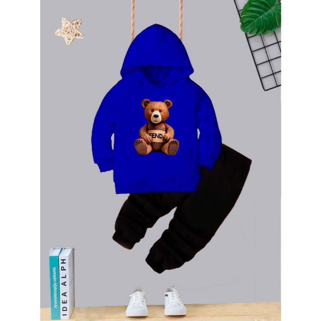 Kit Conjunto de Moletom Urso Flanelado Blusa de Frio + Calça Infantil Kids Tens Juvenil Bear End Bolso e Capuz
