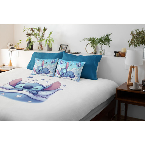 Manta Branca Casal Lilo Stitch Dormindo + 2 Fronhas 3 Peças