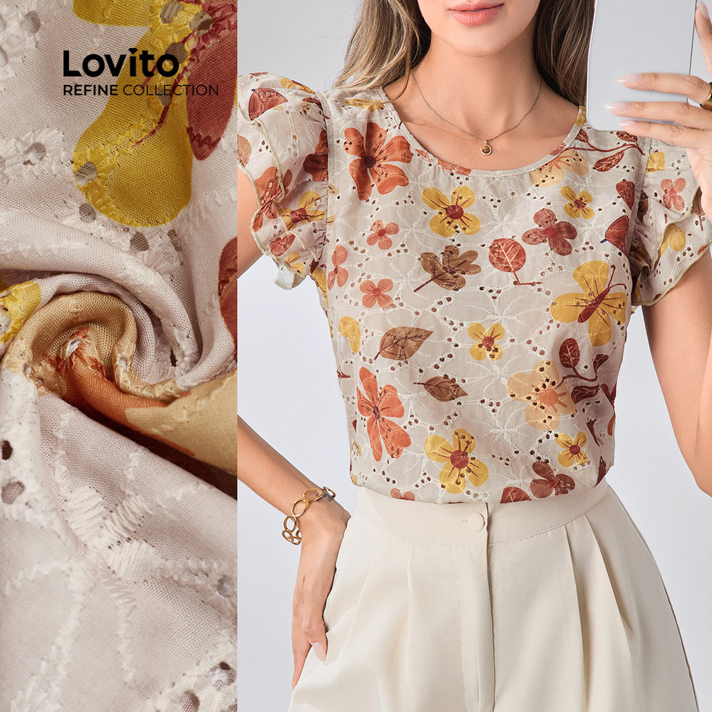 (Lovito Refine) Blusa Elegante com Babado Bloco de Cores Bordado em Ilhós Boa Textura LR12L018 - Women Clothes