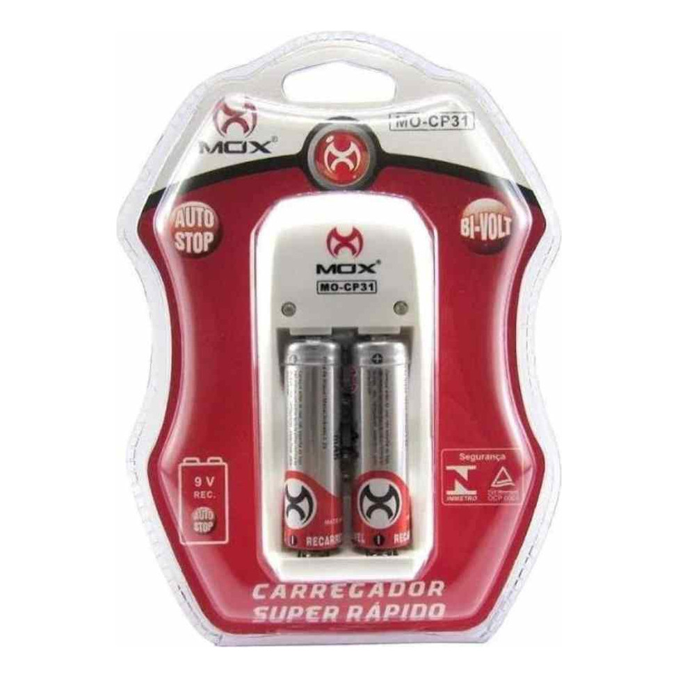 CARREGADOR DE PILHA MOX MO-CP31 c/2 Pilhas AA 2700 mAh Bi-Volt - Auto Stop p/ pilhas e 9V