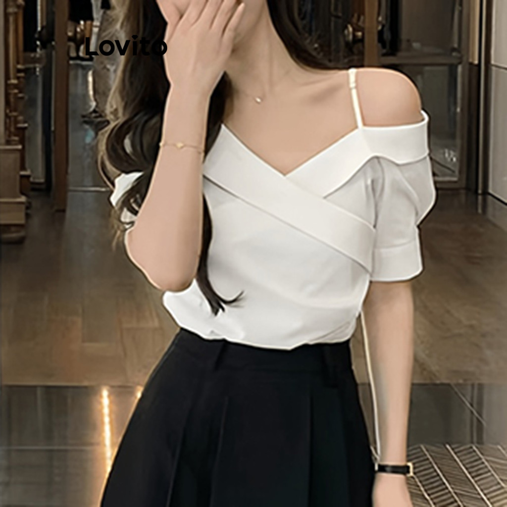 (Hot) Lovito Blusa Elegante Verão Ombro Frio Blusa Assimétrica Para Mulheres L121MD367 em Oferta na Shopee