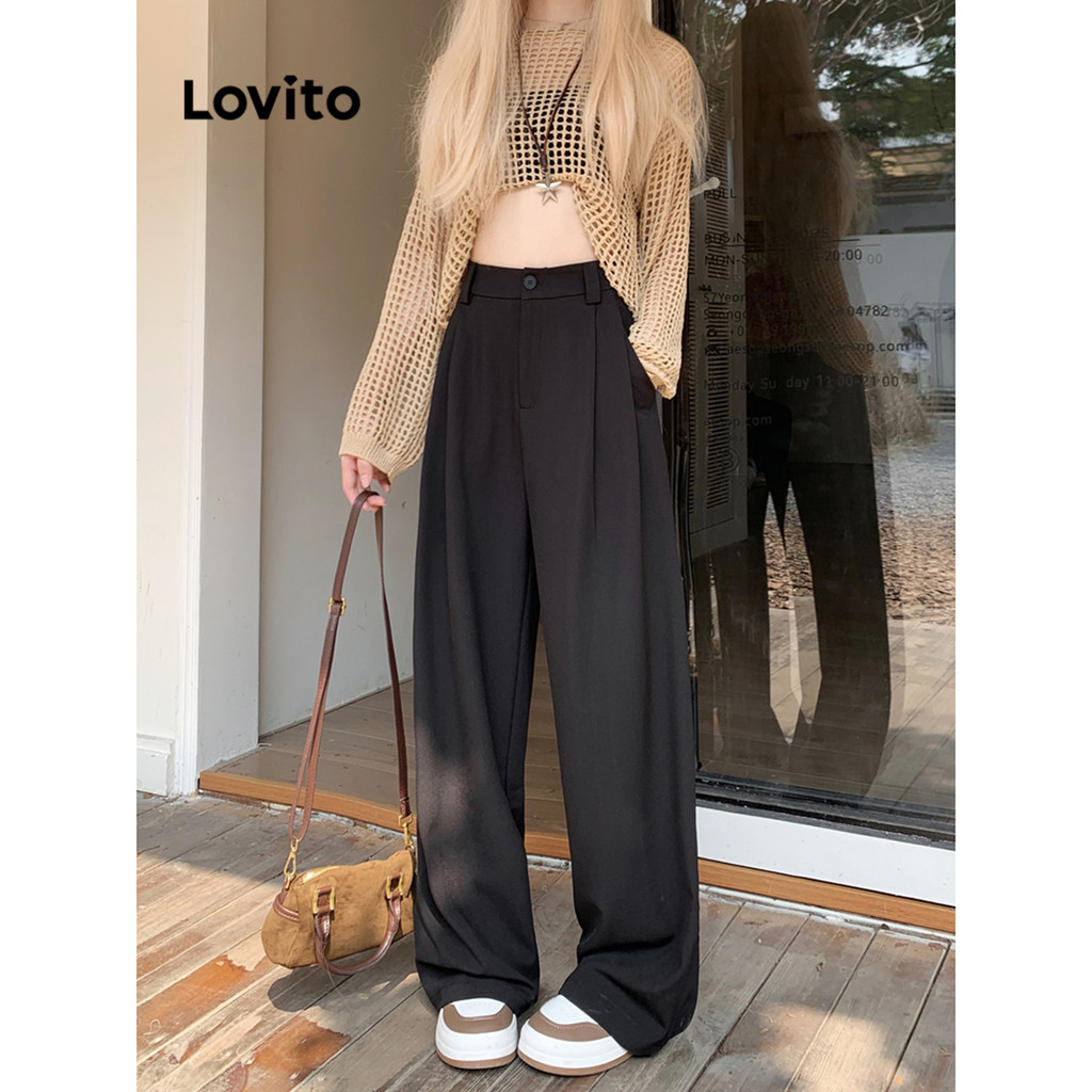 (Hot) Lovito Calça Casual Calça Drapeada Lisa Para Mulheres LNA29025 (Cinza/Preto) em Oferta na Shopee