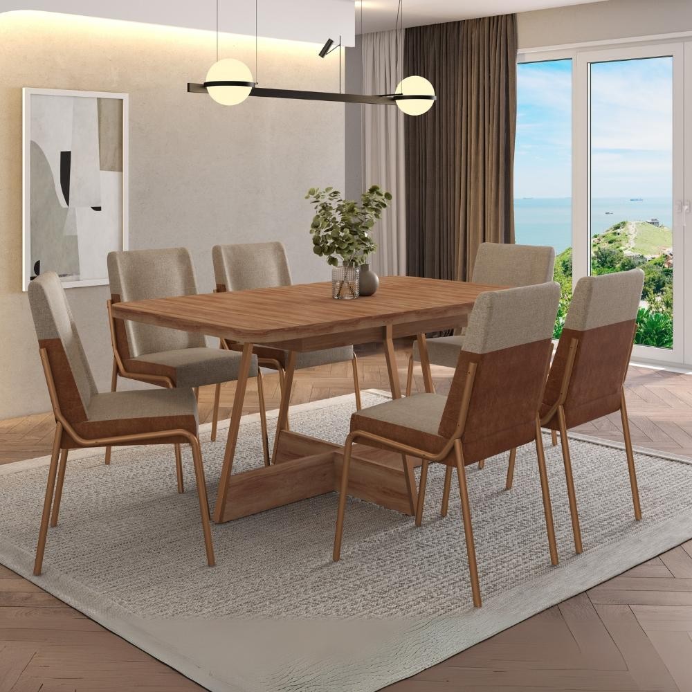 Conjunto Sala de Jantar 6 Cadeiras Boston Carraro Nogal Rosê em Oferta na Shopee