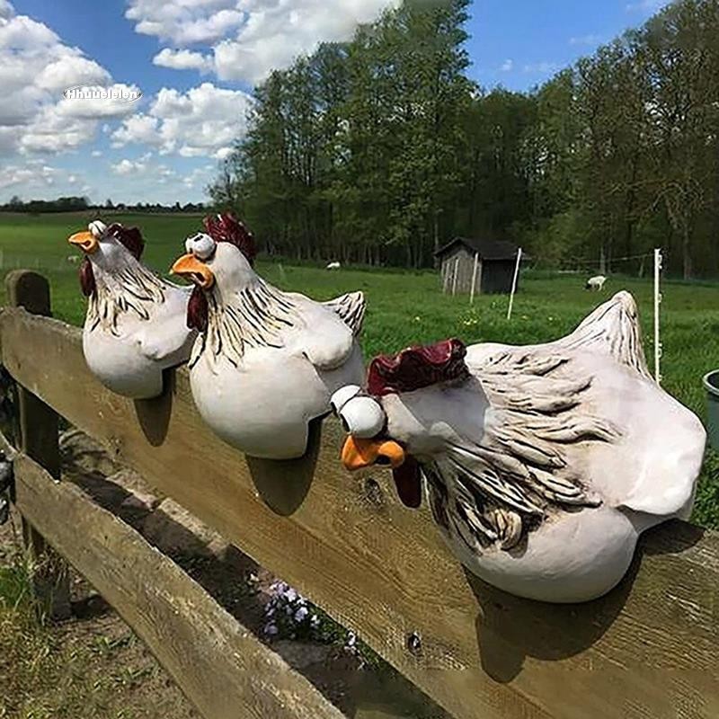 3 Peças Frango Sentado Na Cerca Decoração Estátuas De Jardim Esculturas De Arte Fazenda Pátio Gramado Para Cercas Galo P