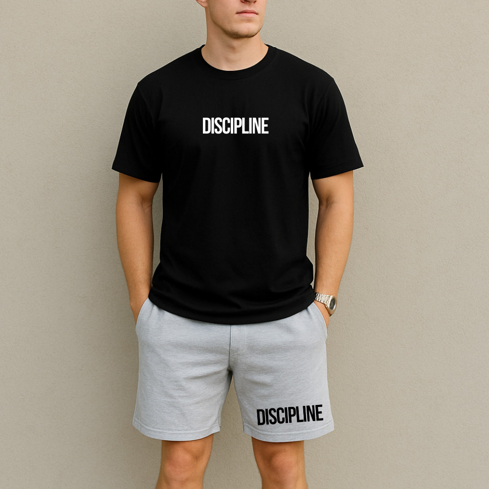 Kit Conjunto Short Moletinho + Camiseta Algodão Estampa Discipline Gym Academia Masculino Modinha