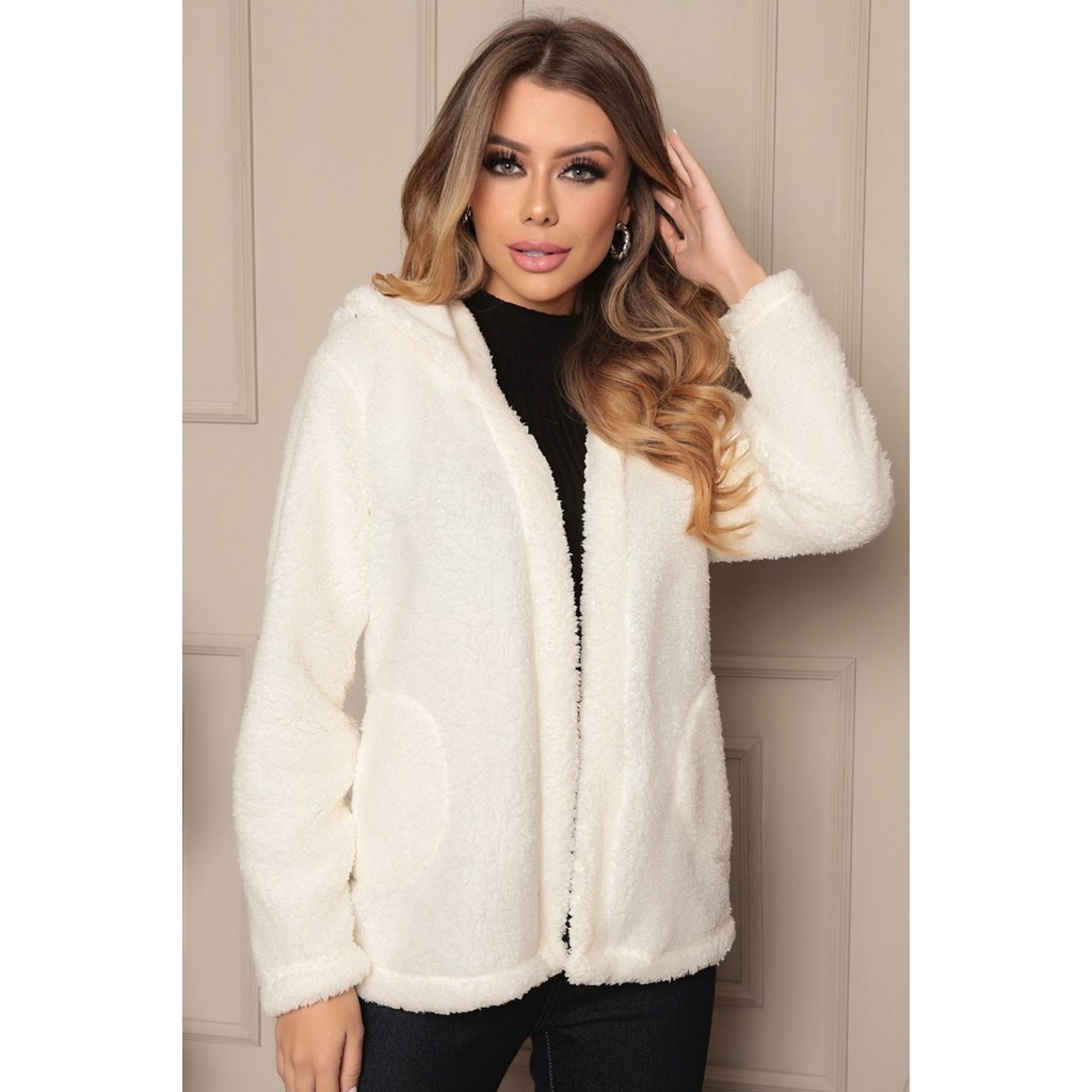 Casaco Feminino Teddy Lanzinha Com Capuz Plus Size 964 Branco