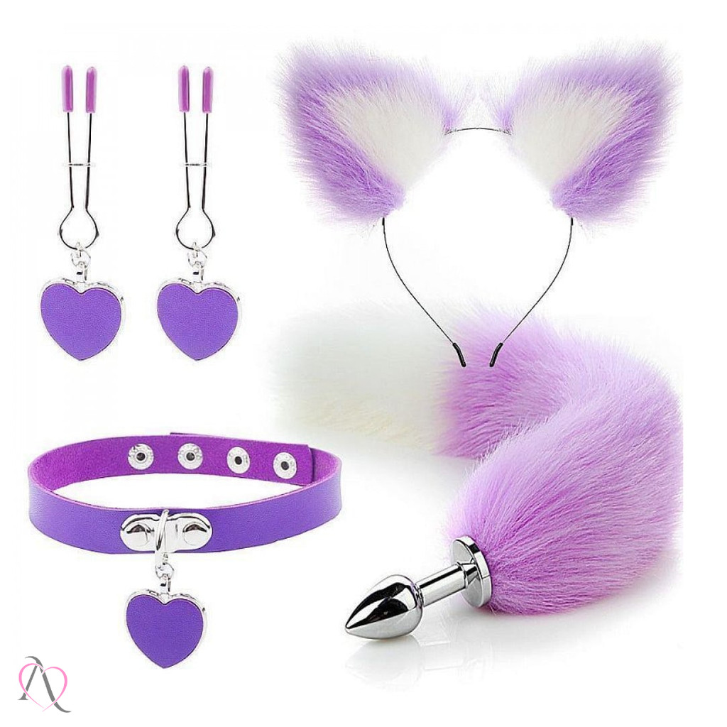 Kit Erótico Fetiche petplay Plug Anal pequeno com Rabo, Tiara, Grampos e Coleira