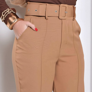 Calças Alfaiataria Feminina Skini Plus Size com Cinto Cintura Alta Perna Justa Elegante do P ao G2 em Oferta na Shopee