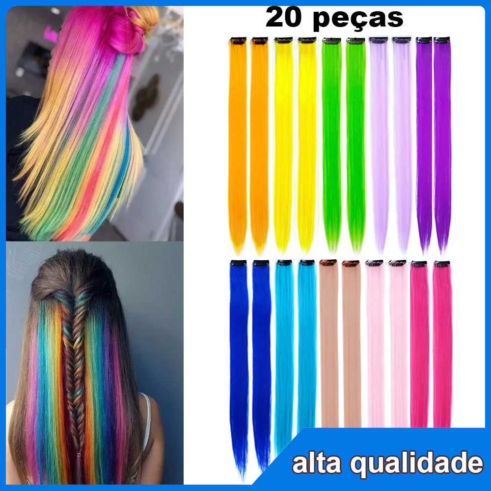 Kit Com 20 Aplique Colorido Mecha de Cabelo Colorido Extensão Colorida - TICTAC 55cm