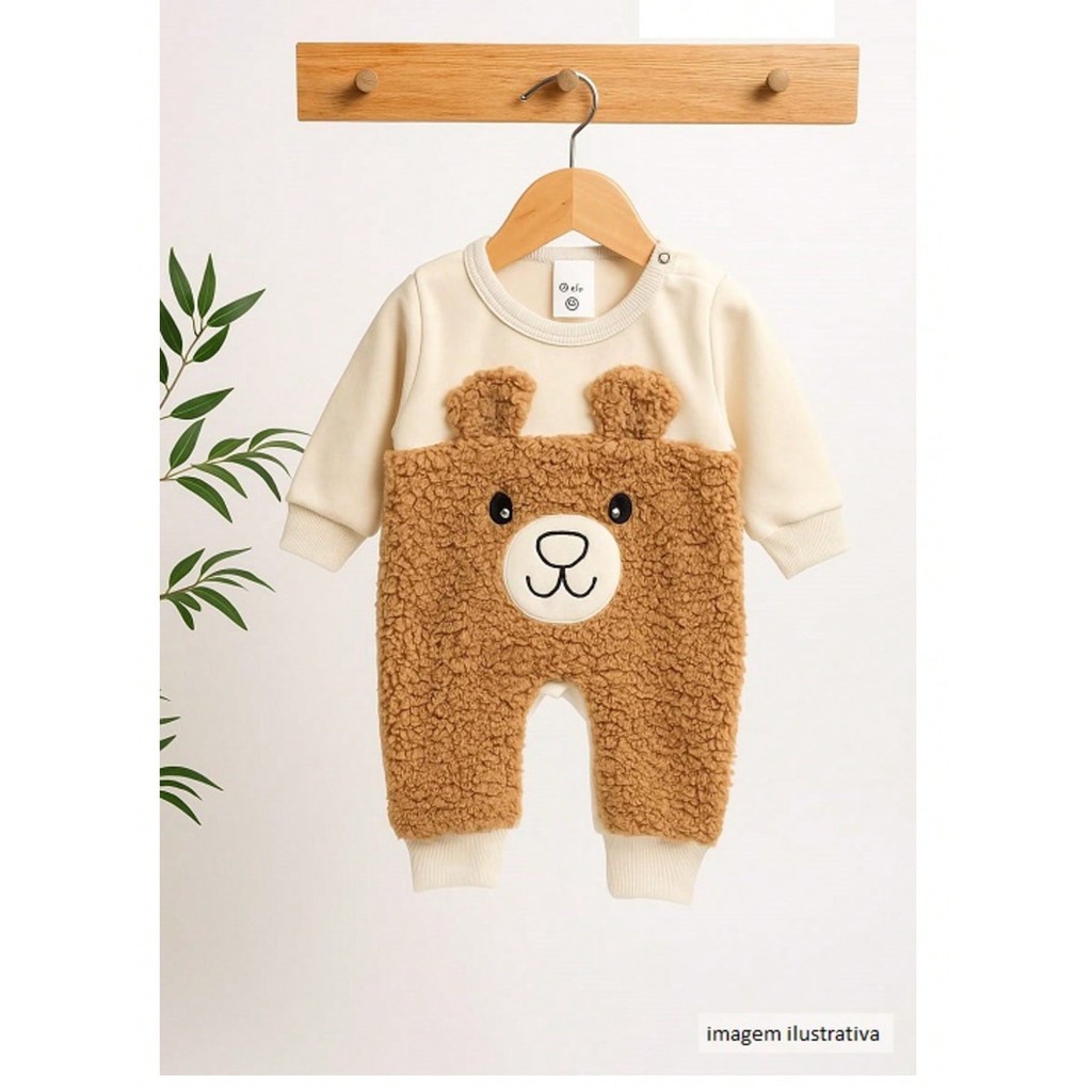 Macacão Bebê Com Pêlo Urso Inverno | Bordado Urso | RN ao 9M | Giralika.(Marrom,6-9M)