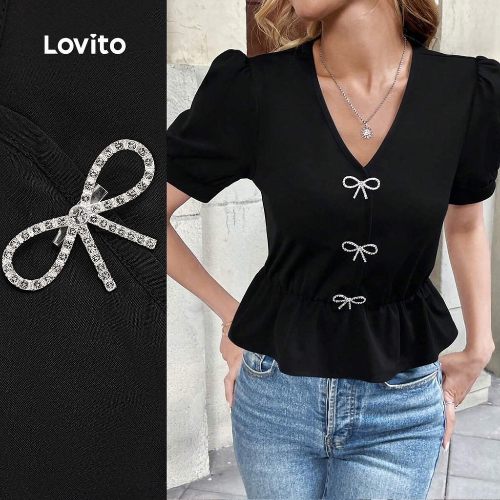 Lovito Blusa Casual com Strass Fivela Laço Babados Na Bainha Primavera/verão Preta para mulheres L138AD846 em Oferta na Shopee