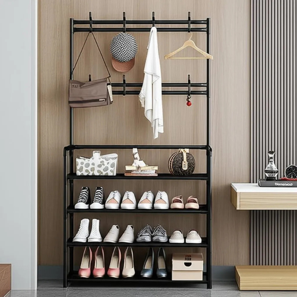 Cabideiro Arara com Sapateira Organizadora de Tênis Roupas e Sapatos 4 Prateleiras Multifuncional Suporte Multiuso em Oferta na Shopee