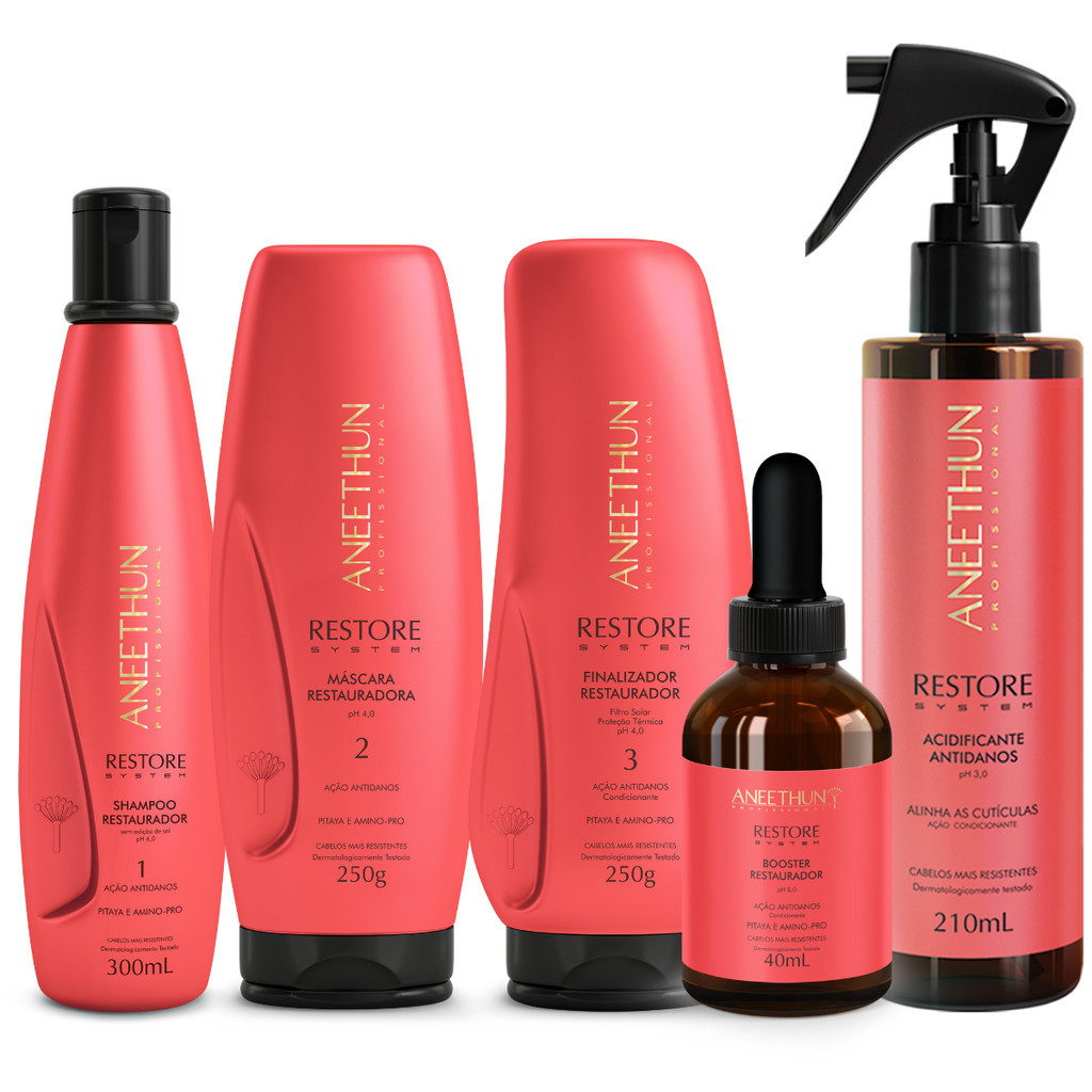 Kit Restore System Shampoo Mascara Finalizador Acidificante E Booster 5 Produtos - Aneethun + MIMO DA LOJA