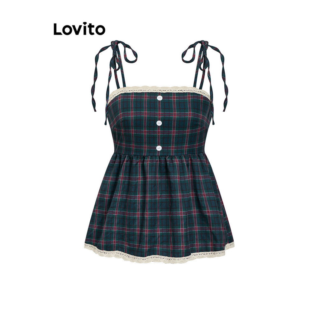 (Trendy) Lovito Top Casual Xadrez Com Babados E Gola Com Cadarço E Botão Regata De Verão Para Mulheres L104ED086 em Oferta na Shopee