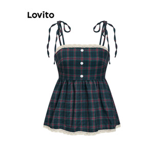 (Trendy) Lovito Top Casual Xadrez Com Babados E Gola Com Cadarço E Botão Regata De Verão Para Mulheres L104ED086 em Oferta na Shopee