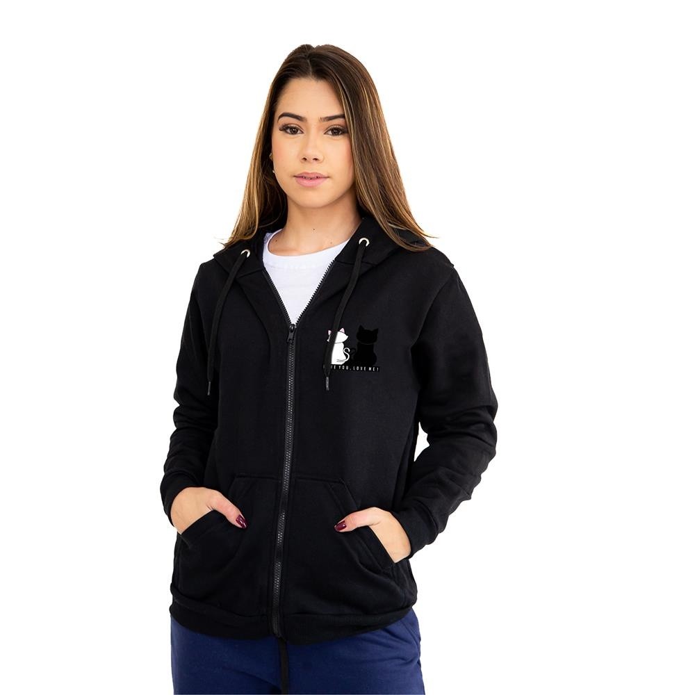 Blusa De Frio Aberta Moletom Feminino Bolso Canguru Capuz Zíper Estampa Gatinhos Love em Oferta na Shopee