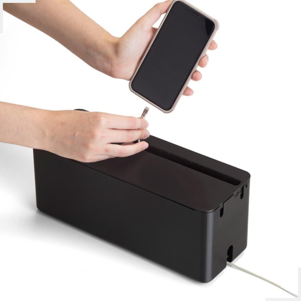 Caixa Box Organizadora Esconde Fios Cabos Regua Energia Mesa Escritorio Suporte Celular Preto Arthi