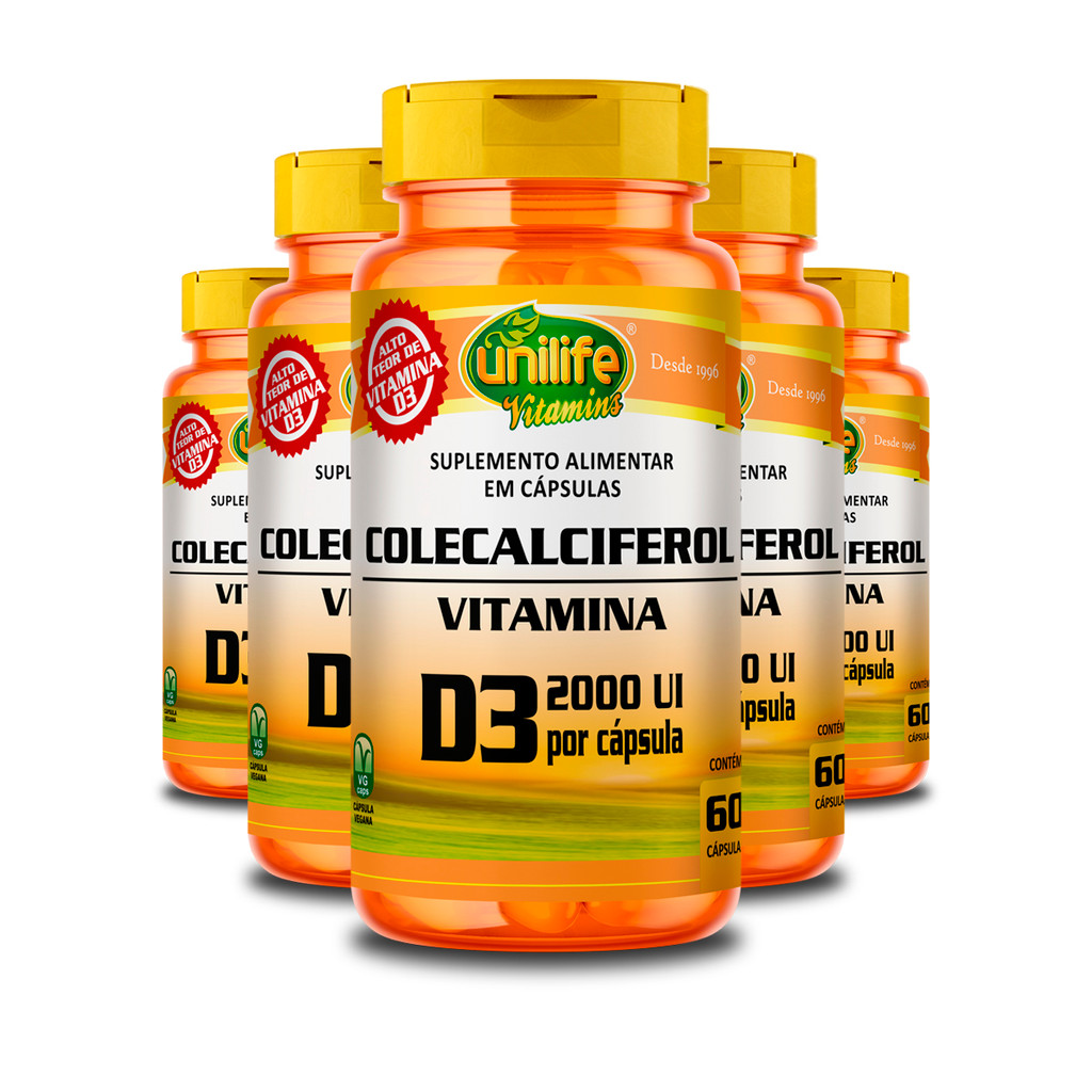 Kit 5 Vitamina D3 2000 UI Colecalciferol Unilife 60 Cápsulas