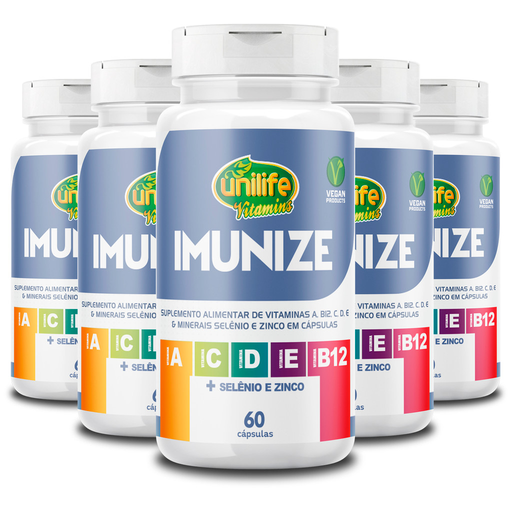 Kit 5 Imunize Vitaminas A, C, D, E, B12 + Selênio e zinco Unilife 60 cápsulas