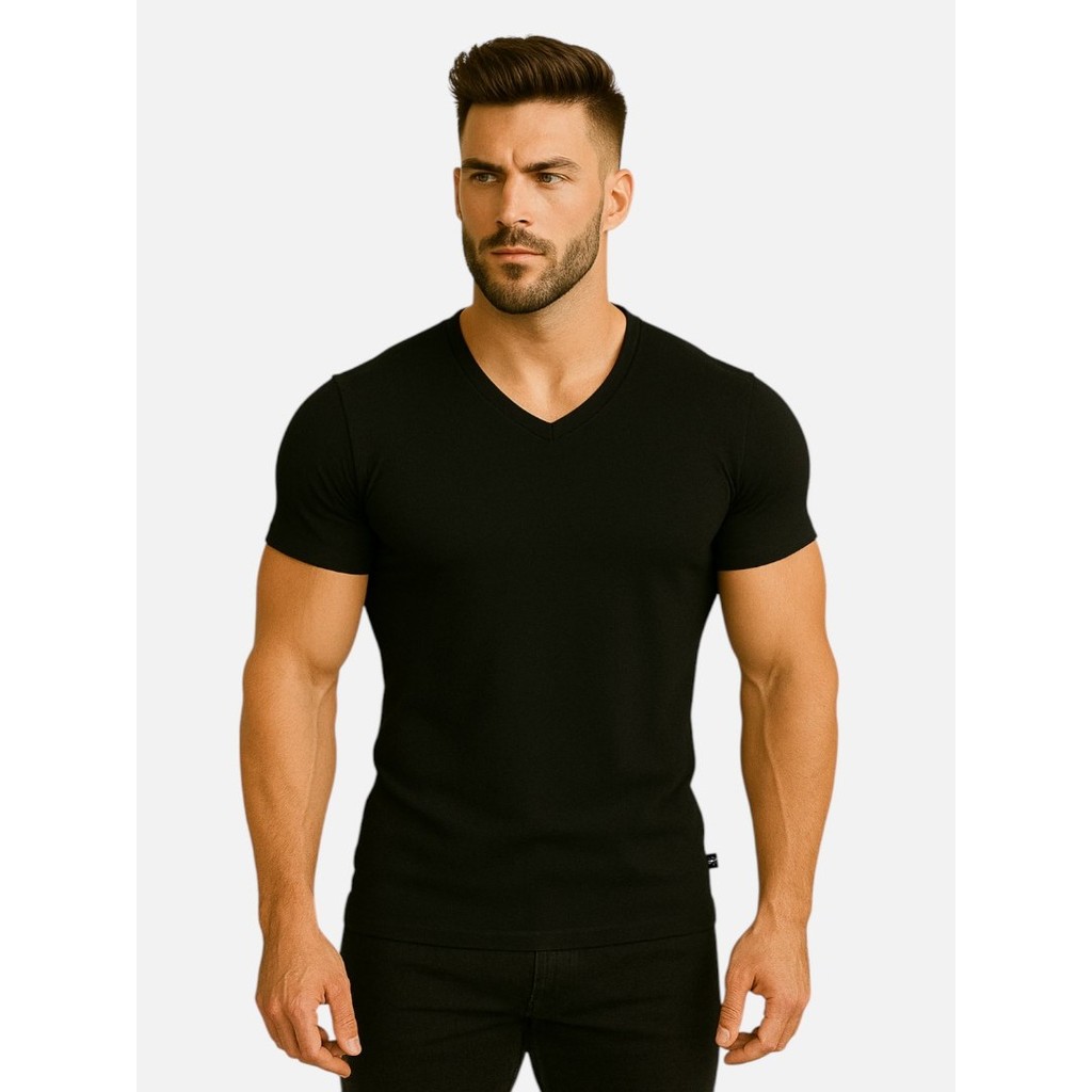 Camisa Gola V Masculina Básica Decote V Rasa Masculina Viscose Elastano Confortável Manga Curta