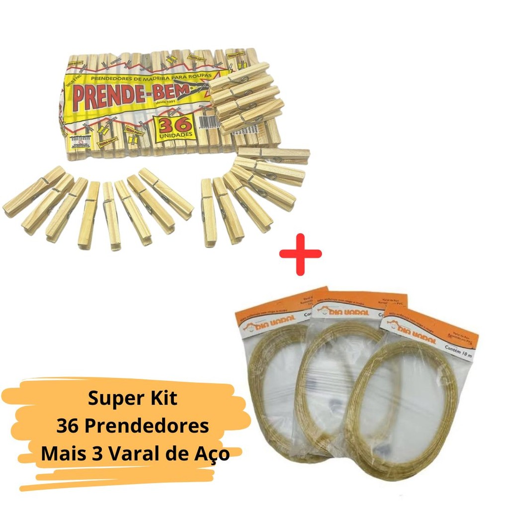 Kit 36 Prendedores de Madeira + 3 Varal Roupa Fio de Aço Reforçado e Revestido10m - S&V em Oferta na Shopee