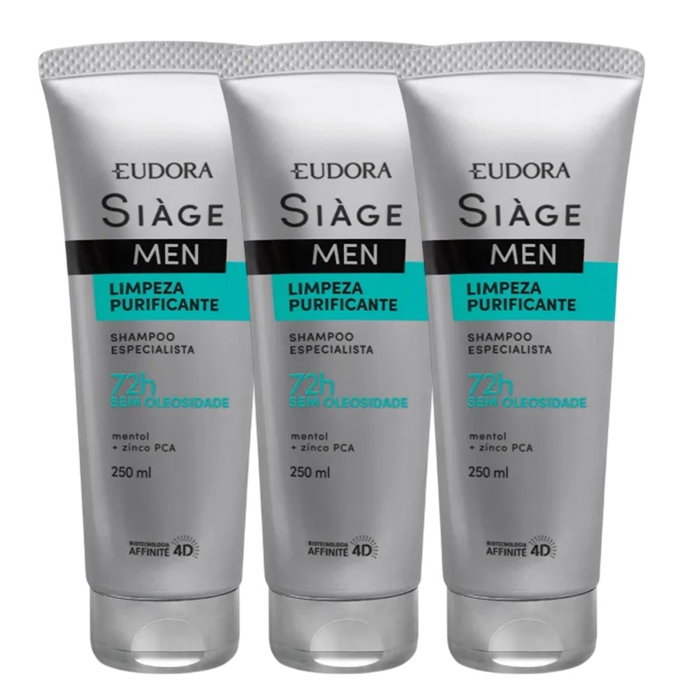 Kit 3 Shampoo Antioleosidade Masculino Limpeza Purificante 250ml Eudora Siàge Men