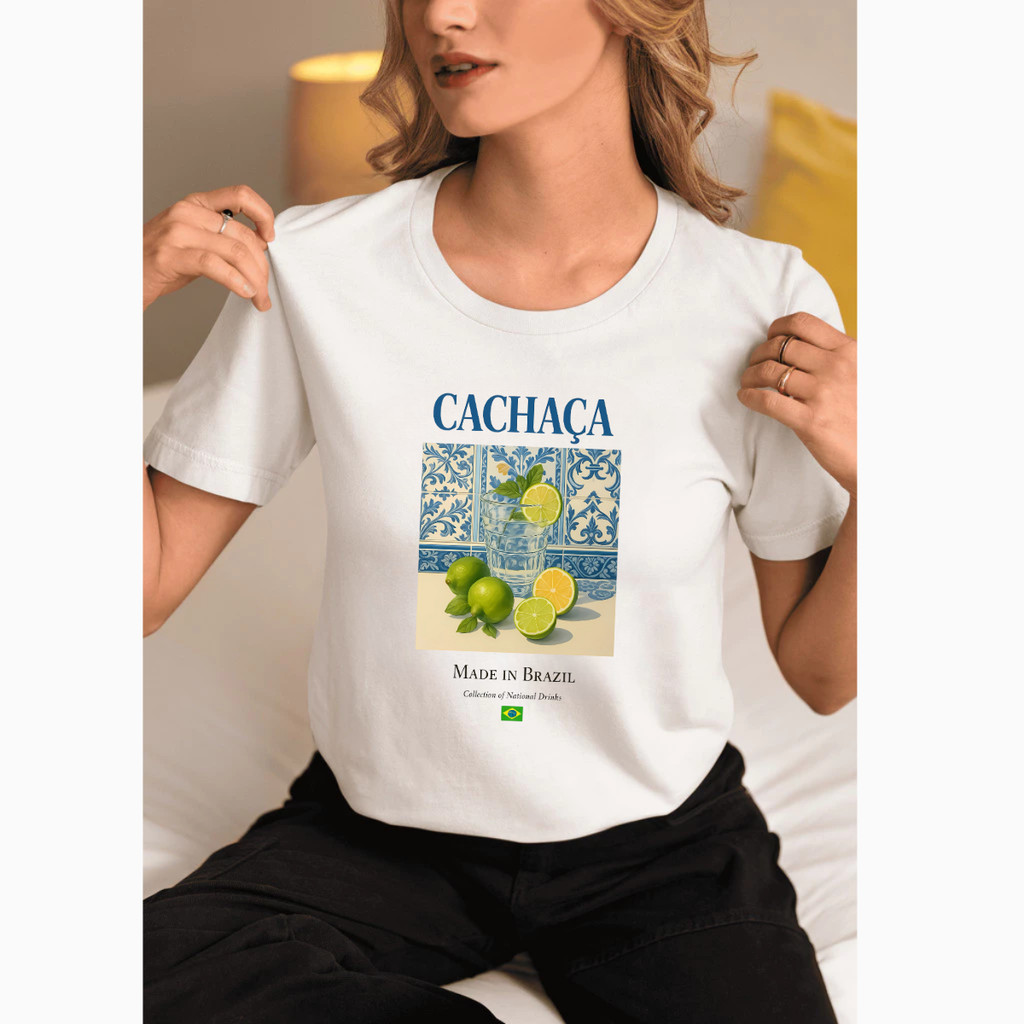 Camiseta T-Shirt Feminina Cachaça Brasil Amalfi Premium 100% Algodão Casual