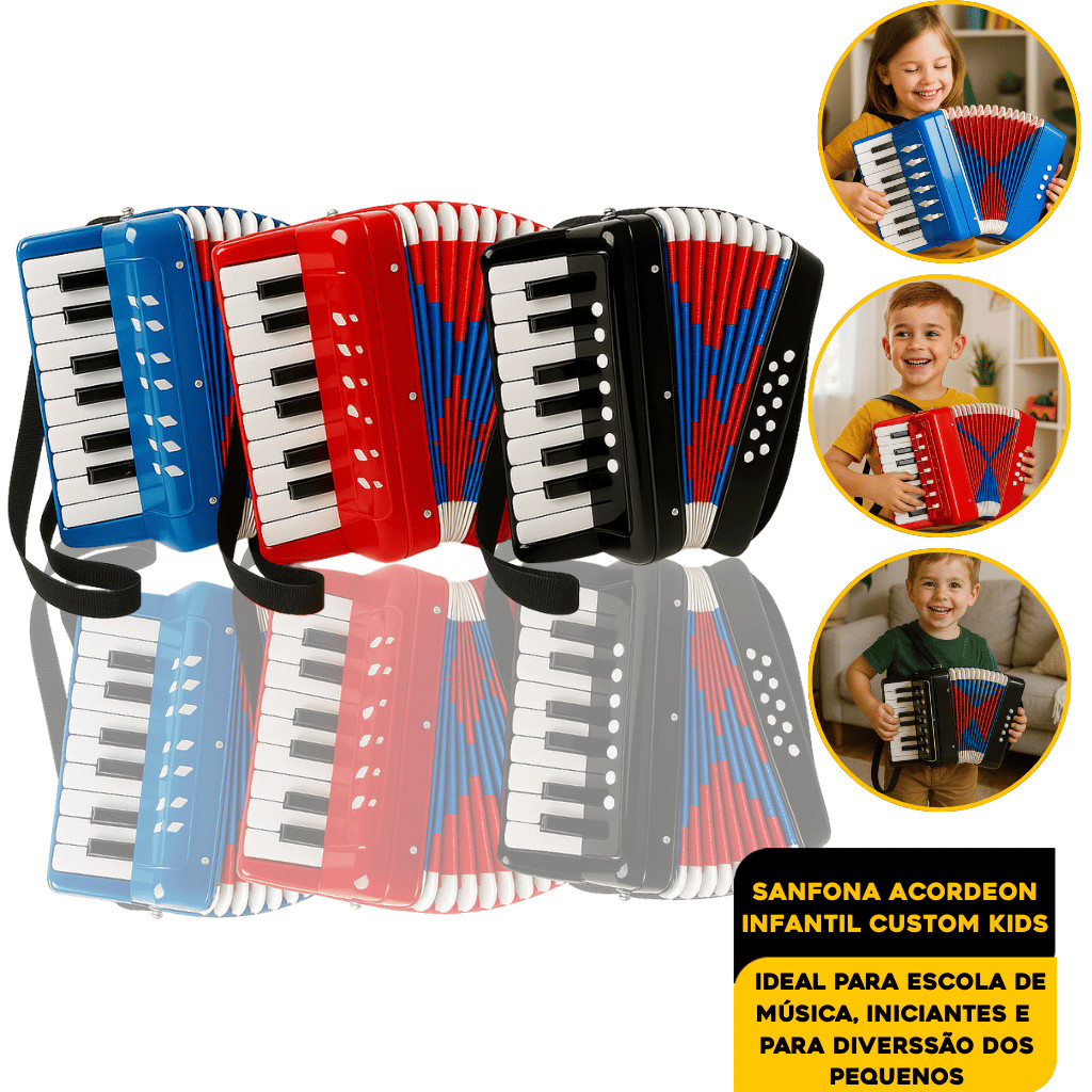 Sanfona Acordeon Infantil 17 Teclas 8 Baixos Premium