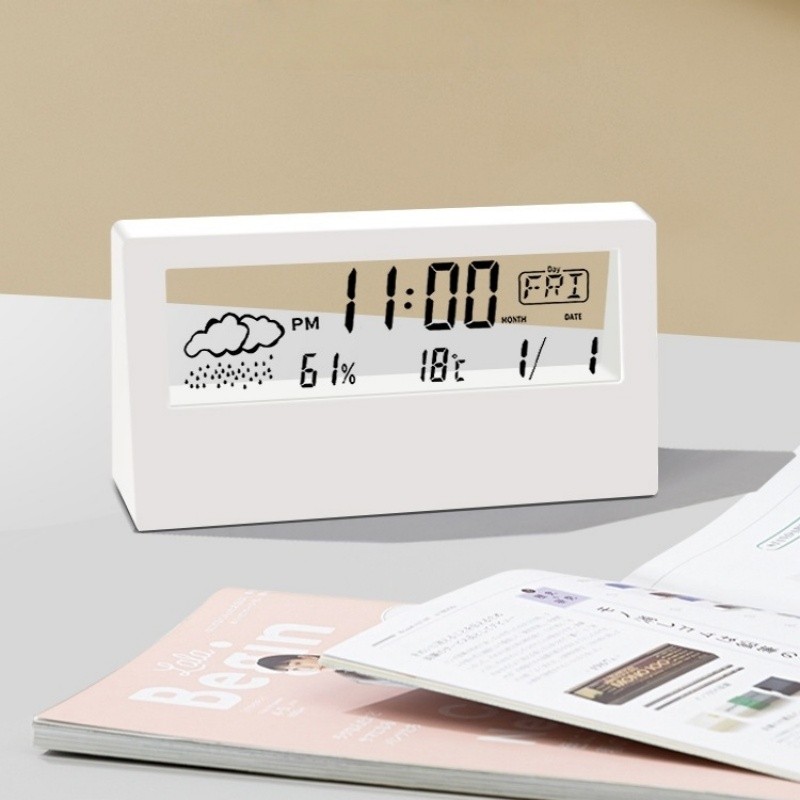 Relógio Digital de Mesa LCD Multifuncional com Medidor de Temperatura e Umidade