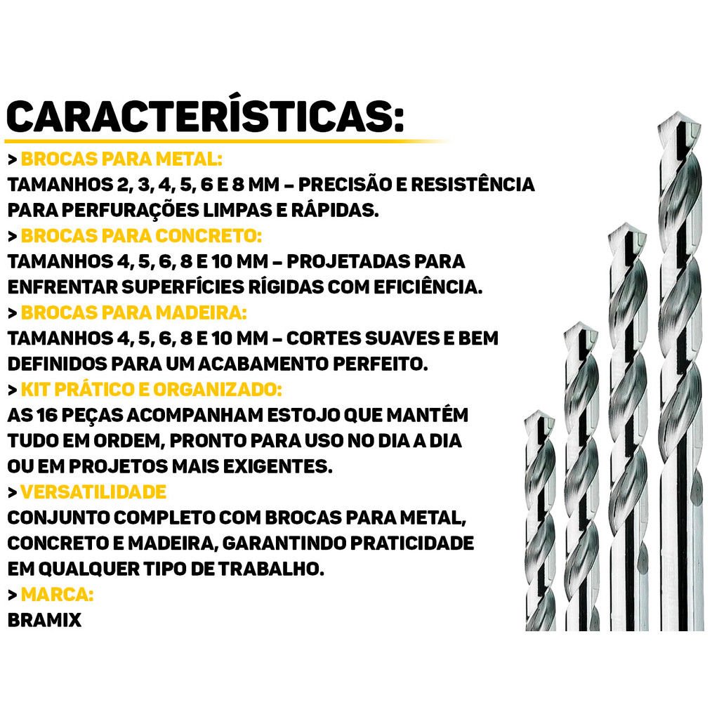 Detalhes do Jogo De Brocas 16 Peças P/ Madeira Metal Concreto Kit Completo 4mm a 10mm C/ Estojo Bramix
