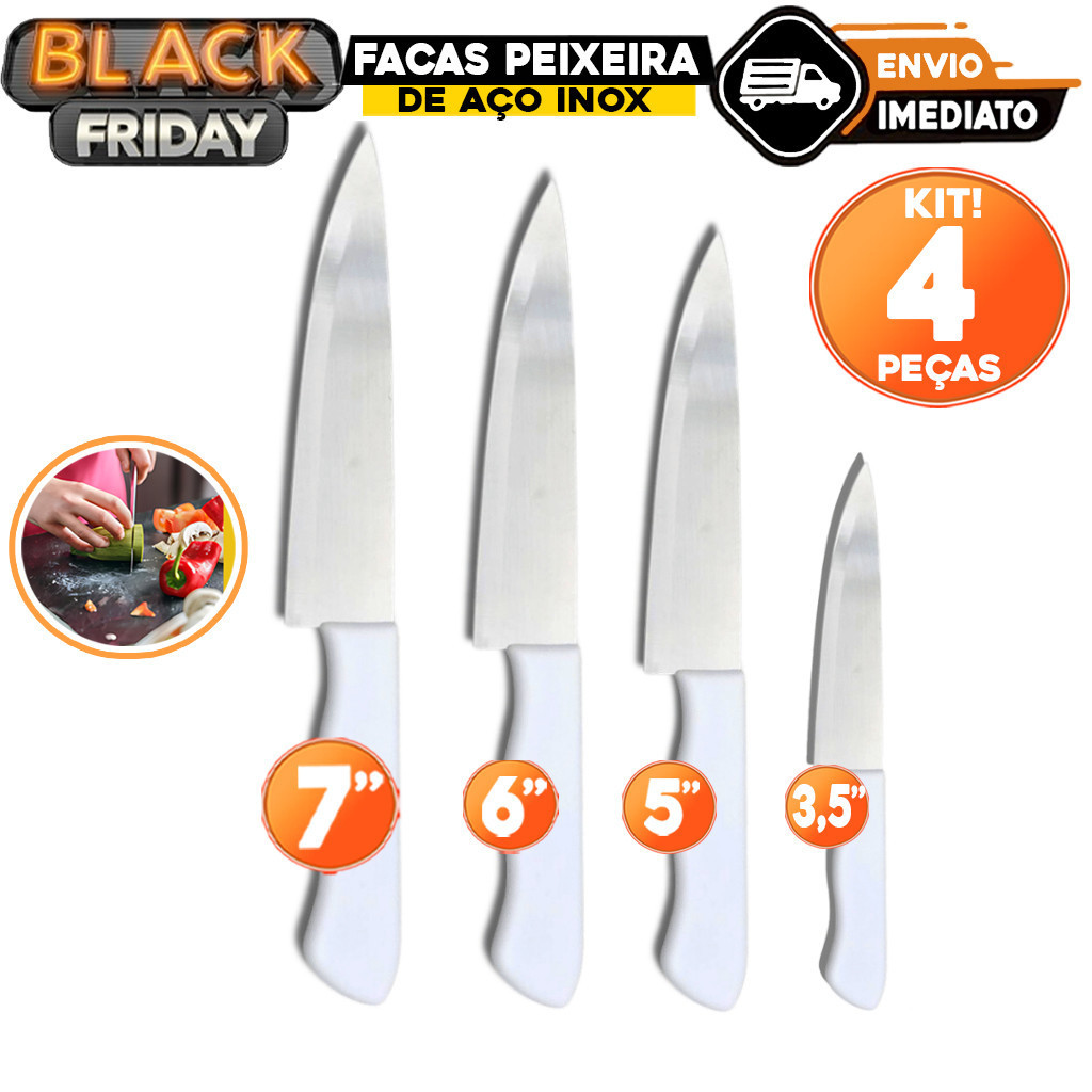 Imagem Kit 4 Facas Peixeira Inox Profissional 7” 6” 5” 3,5” Cabo Branco Para Cozinha e Churrasco