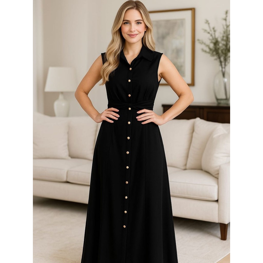 Vestido Longo Gola Camisaria com abertura frontal botões dourados, transpassado com abertura nas Costas.