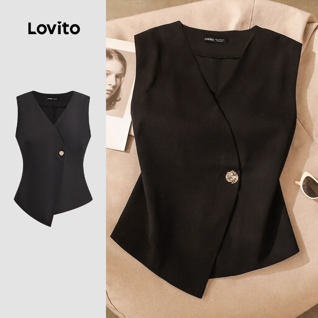 Lovito Blusa Elegante de Botões Superiores de Primavera/verão Preta para mulher L143EDD337 em Oferta na Shopee