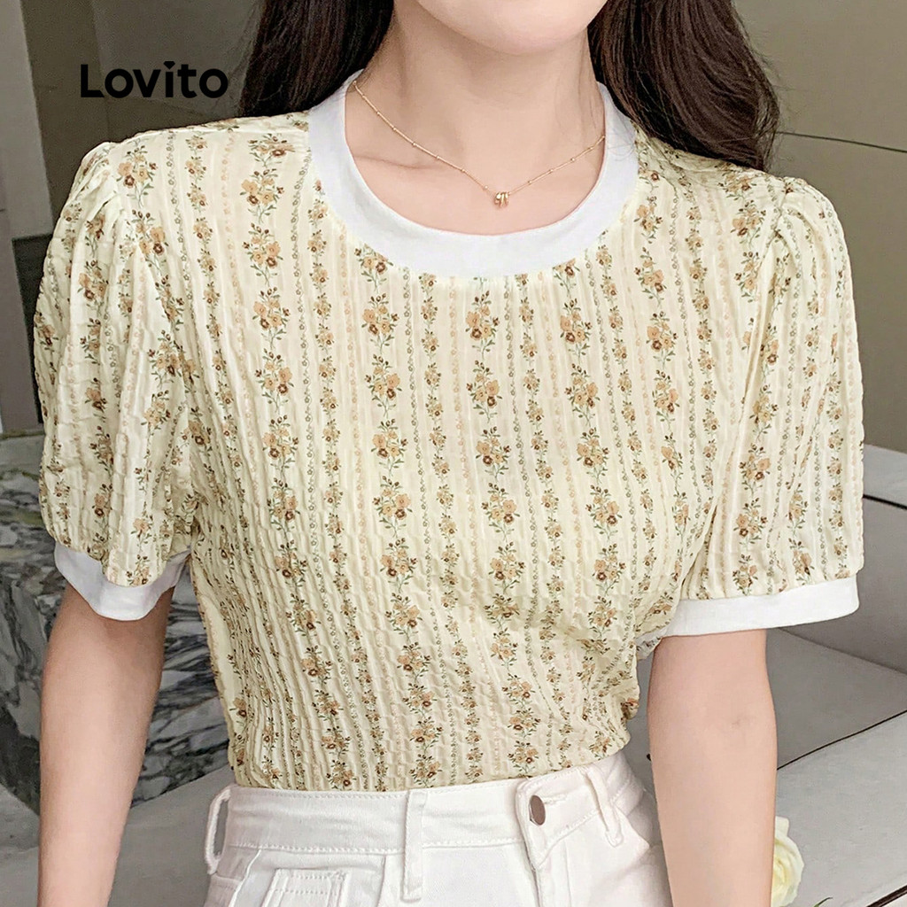 Detalhes do (New) Lovito Blusa Elegante com Bloco de Cores e Jacquard Blusa Primavera/verão para Mulheres L150ED594