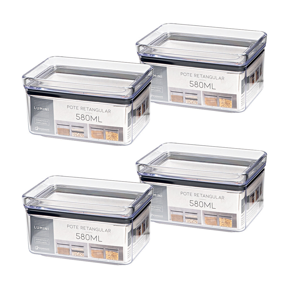 Kit 4 Pote Hermético Acrílico Transparente Retangular 580ml Empilhável Porta Mantimentos Organizador Multiuso