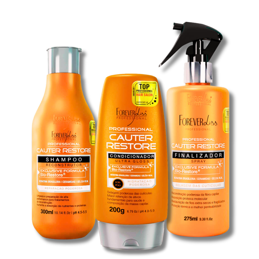 Kit Cauterização Capilar Cauter Restore Forever Liss - Shampoo + Condicionador + Spray Finalizador