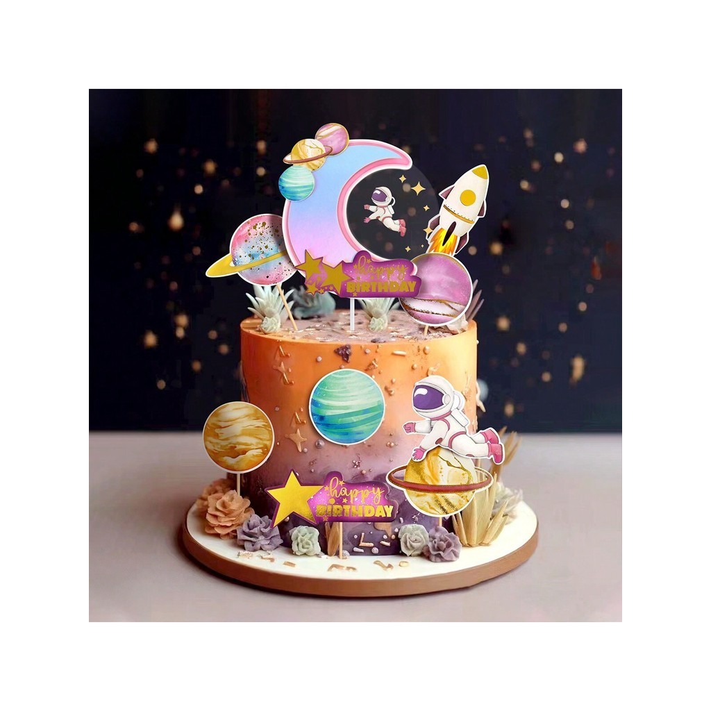 1 kit Decoração De Bolo De Aniversário Temática De Espaço Cor-de-rosa Com Topo Astronauta Da Lua