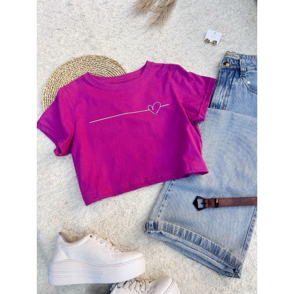 Cropped T-shirt top camiseta cortada feminina Algodão Gola Careca simples confortável 100% algodão coração simples