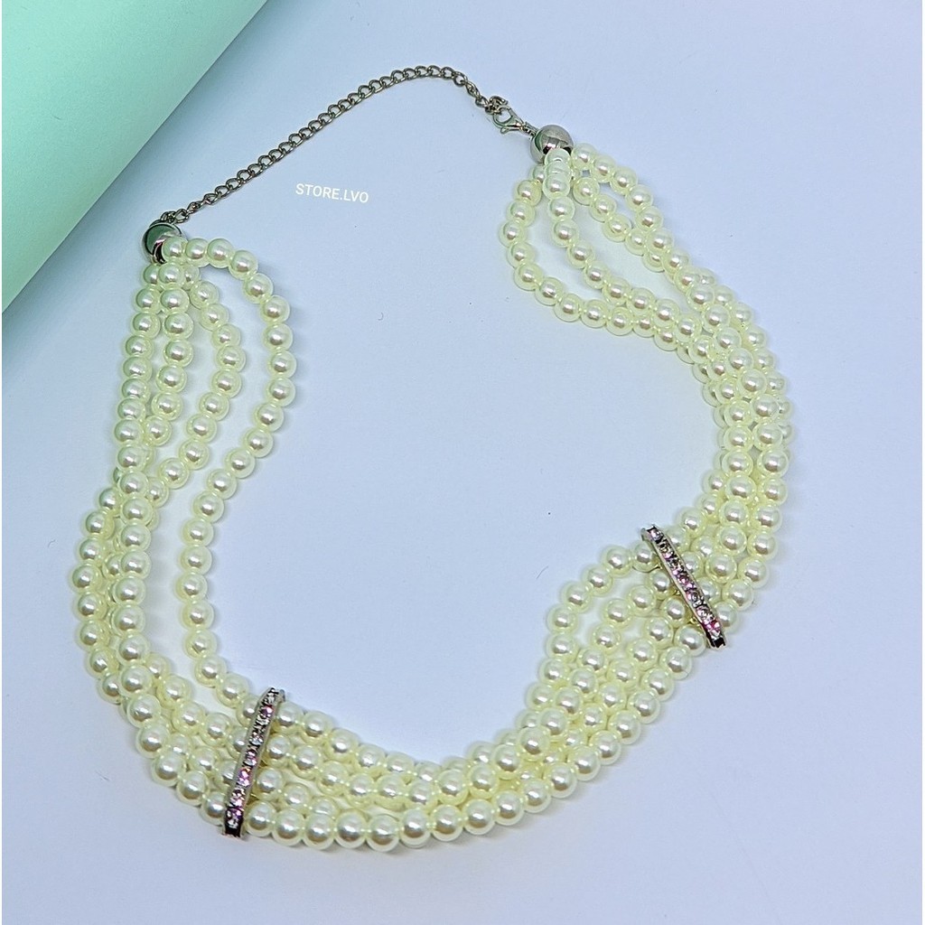 Colar Choker Feminino 4 voltas pérolas Branco Gargantilha 4 fileiras Mix Pérola com pedras Zircônias folheado prata