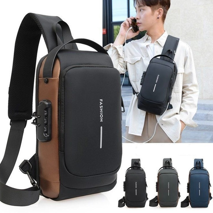 Bolsa Masculina Transversal Cadeado Ombro Impermeável Tecido Liso Antifurto Bolsa De Peito