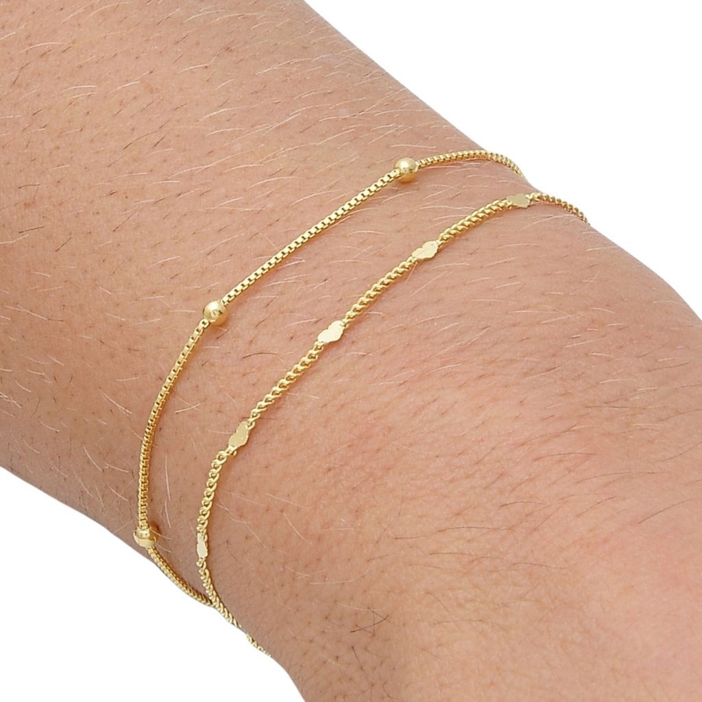 Kit Pulseira Feminina Dupla Dourado Semi Joia Banhada A Ouro 18k